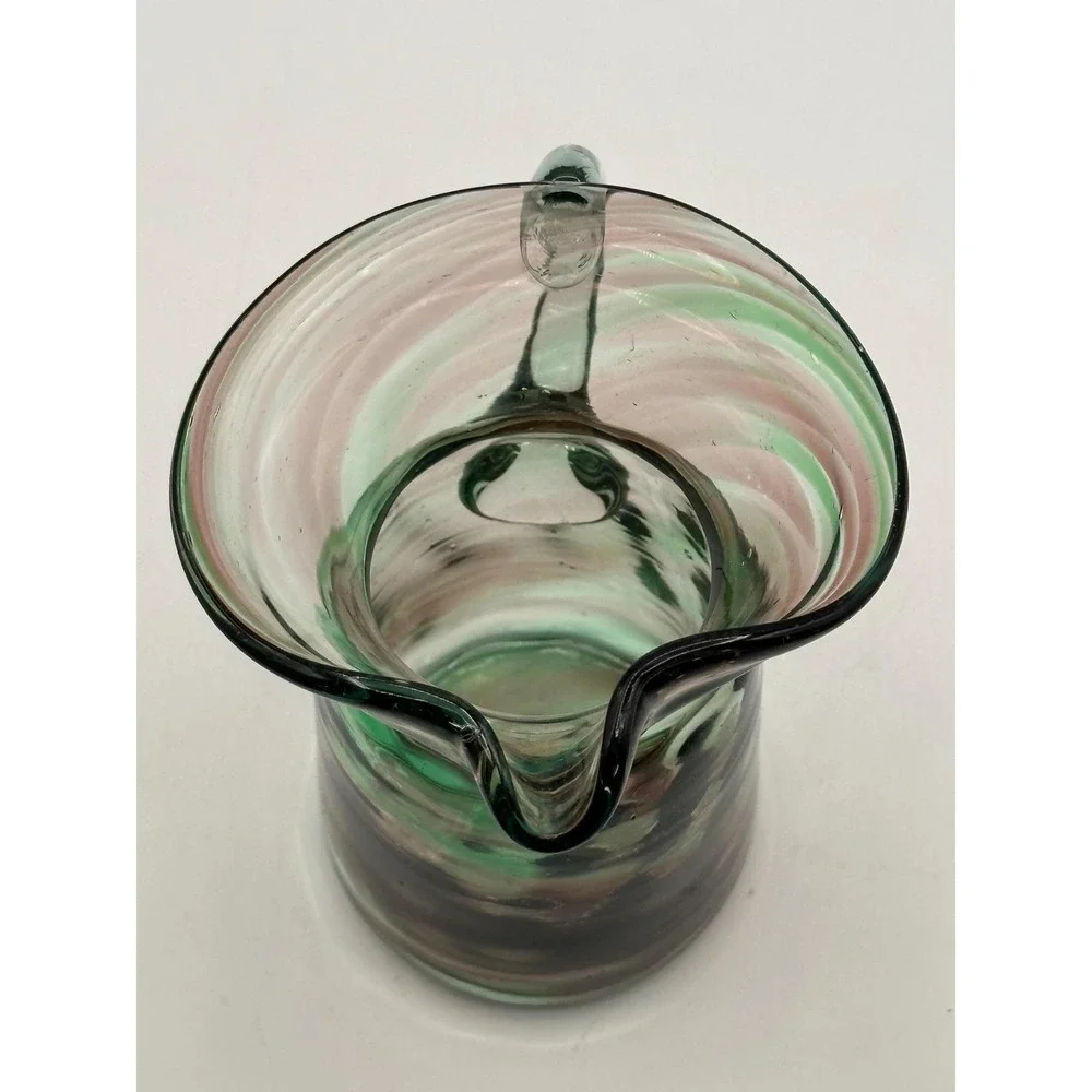 Vintage Hand-Blown Swirled Green Pink Art Glass Creamer Pitcher